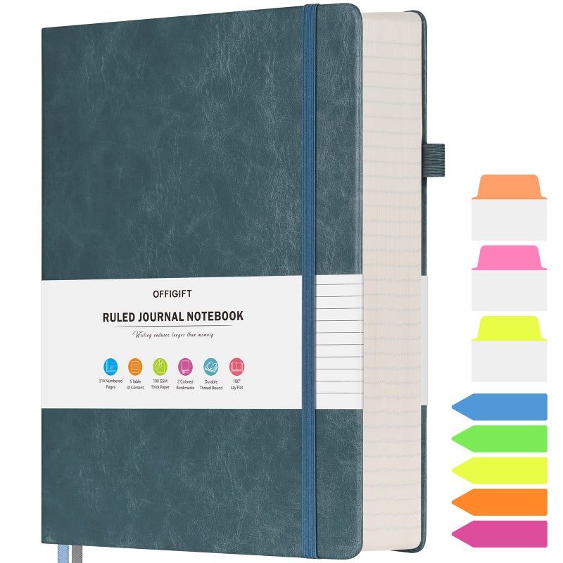 OFFIGIFT دفتر يوميات مبطن كبير مقاس A5 دفتر ملاحظات جامعي 312 صفحة مرقمة دفتر ملاحظات للعمل مع ملصقات فهرس 100 جرام في المتر المربع غلاف ورقي من الجلد النباتي للنساء والرجال ومكتب المدرسة رمادي أزرق - Image 1